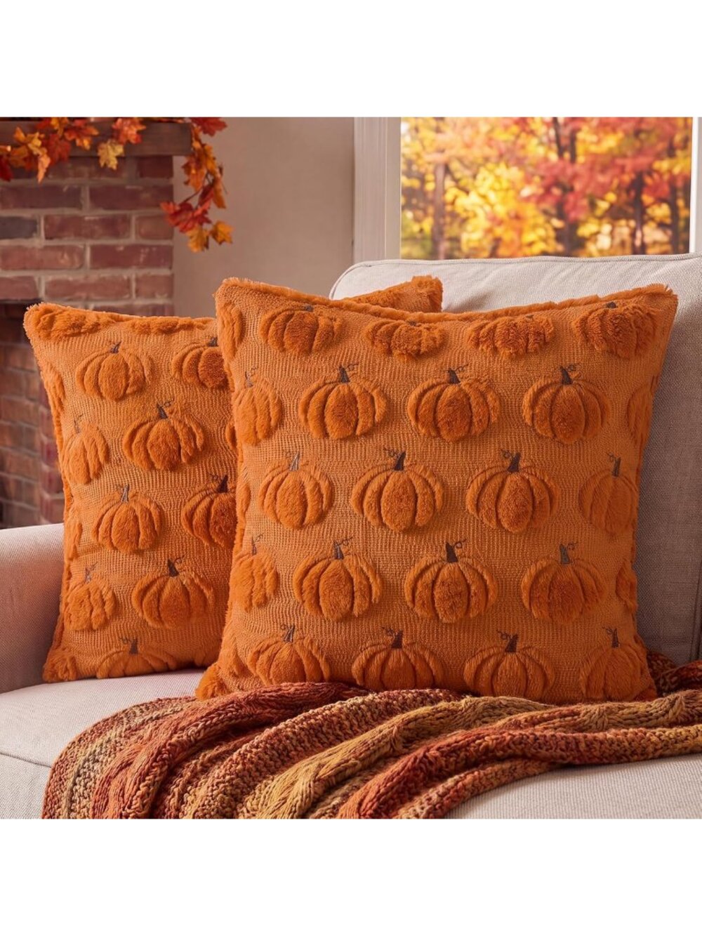 3. Pumpkin Accent Pillow Covers 2 Pack Rust Orange Cozy Fall Farmhouse Thanksgiv